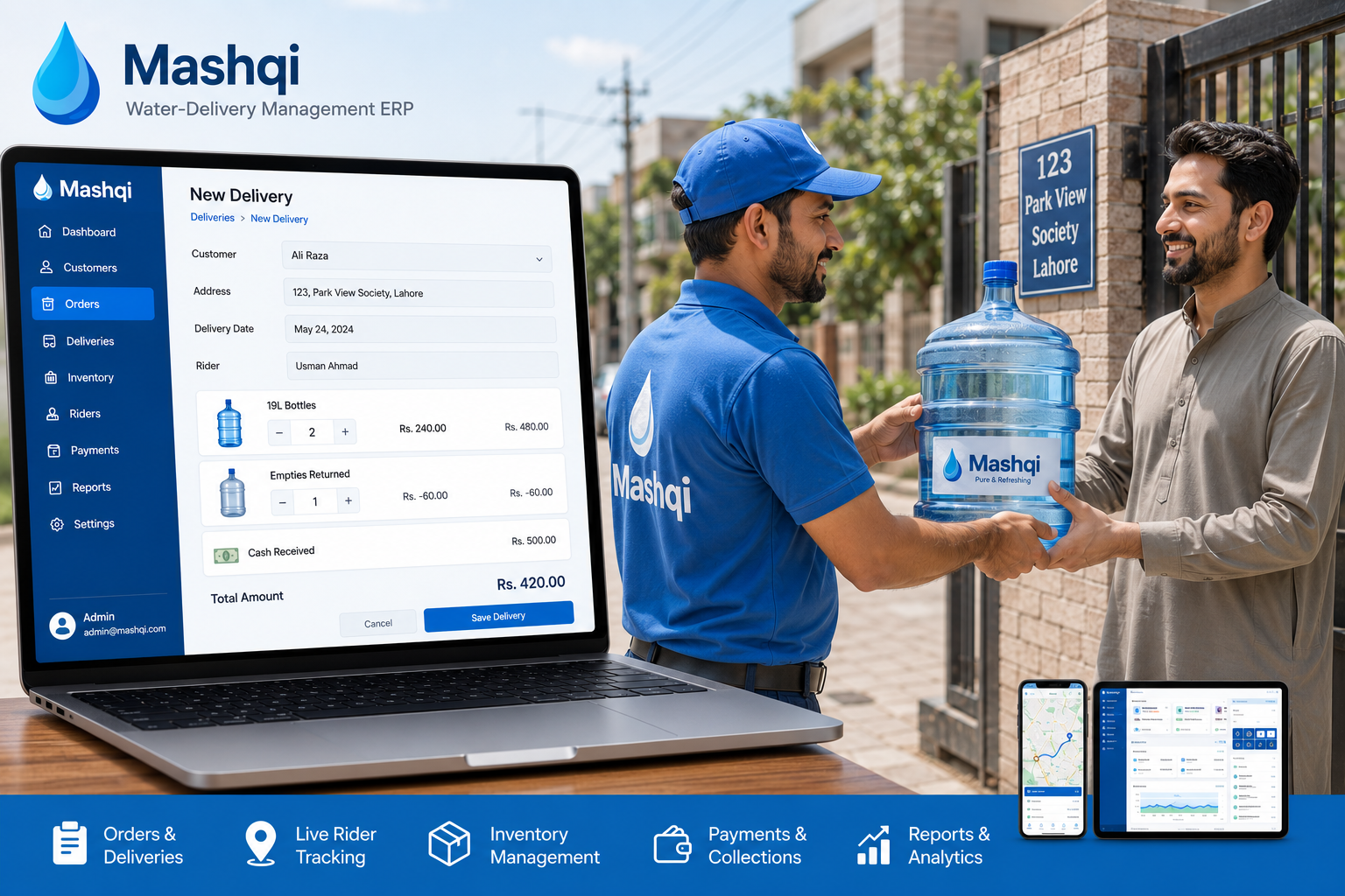 Mashqi water delivery ERP - admin dashboard and delivery operations