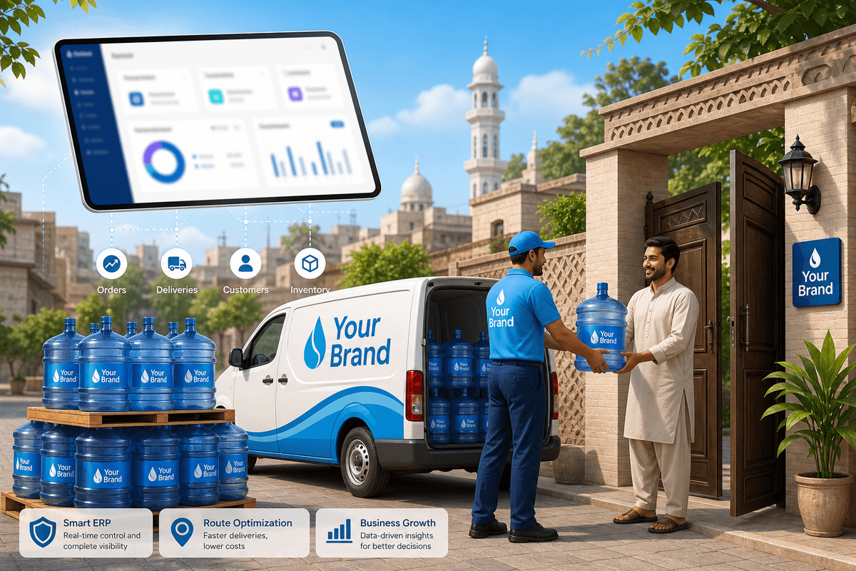 Stacked water bottles on a delivery route with empties and balance tracking