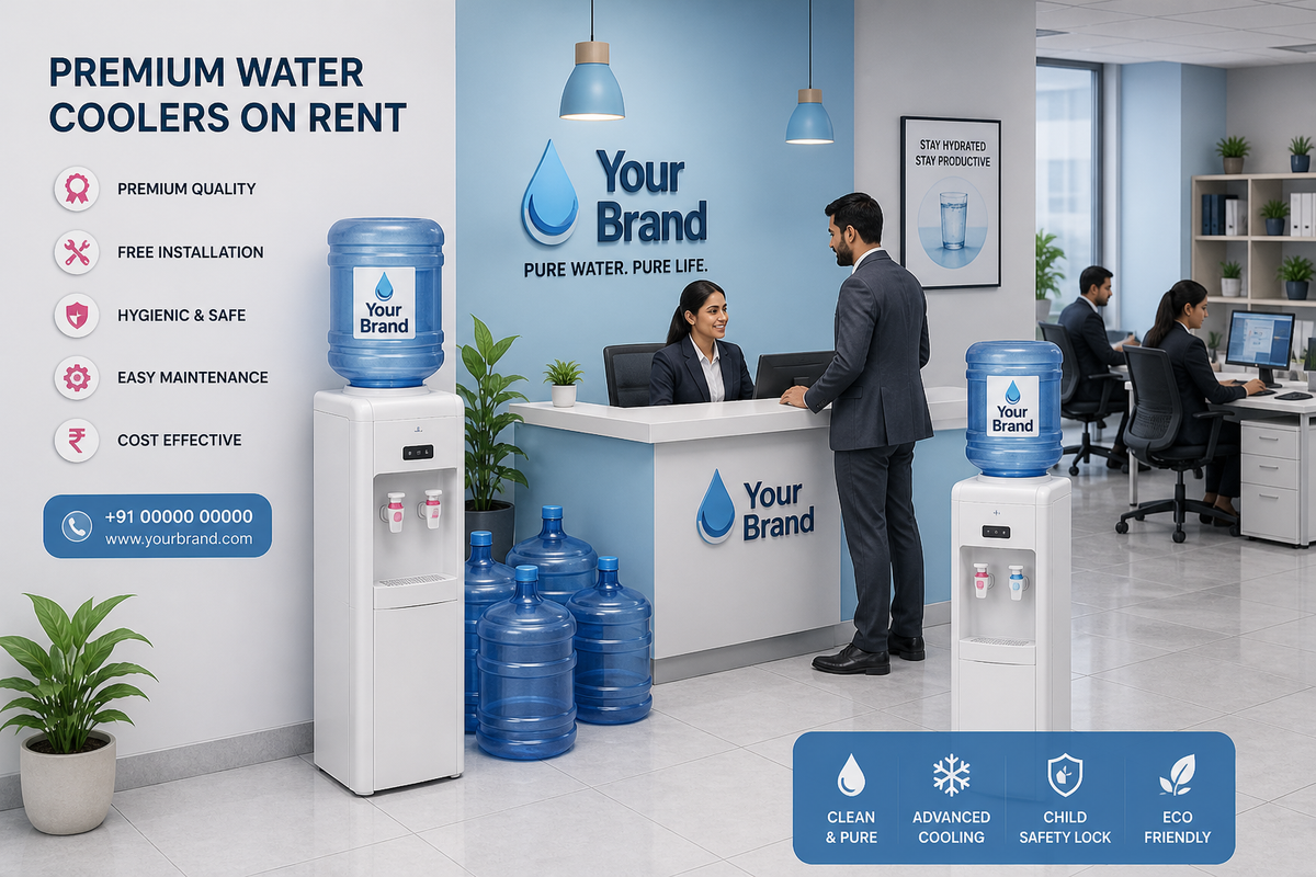 Office water cooler dispenser on rent with refill bottles and rental tracking