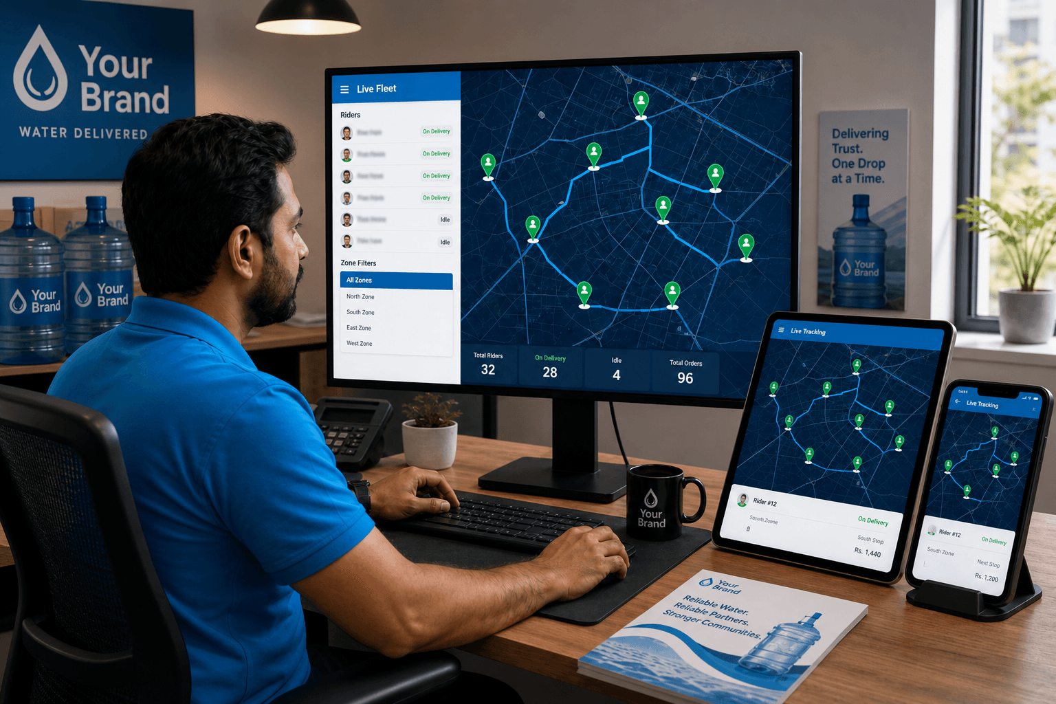 Map dashboard showing delivery riders across a city