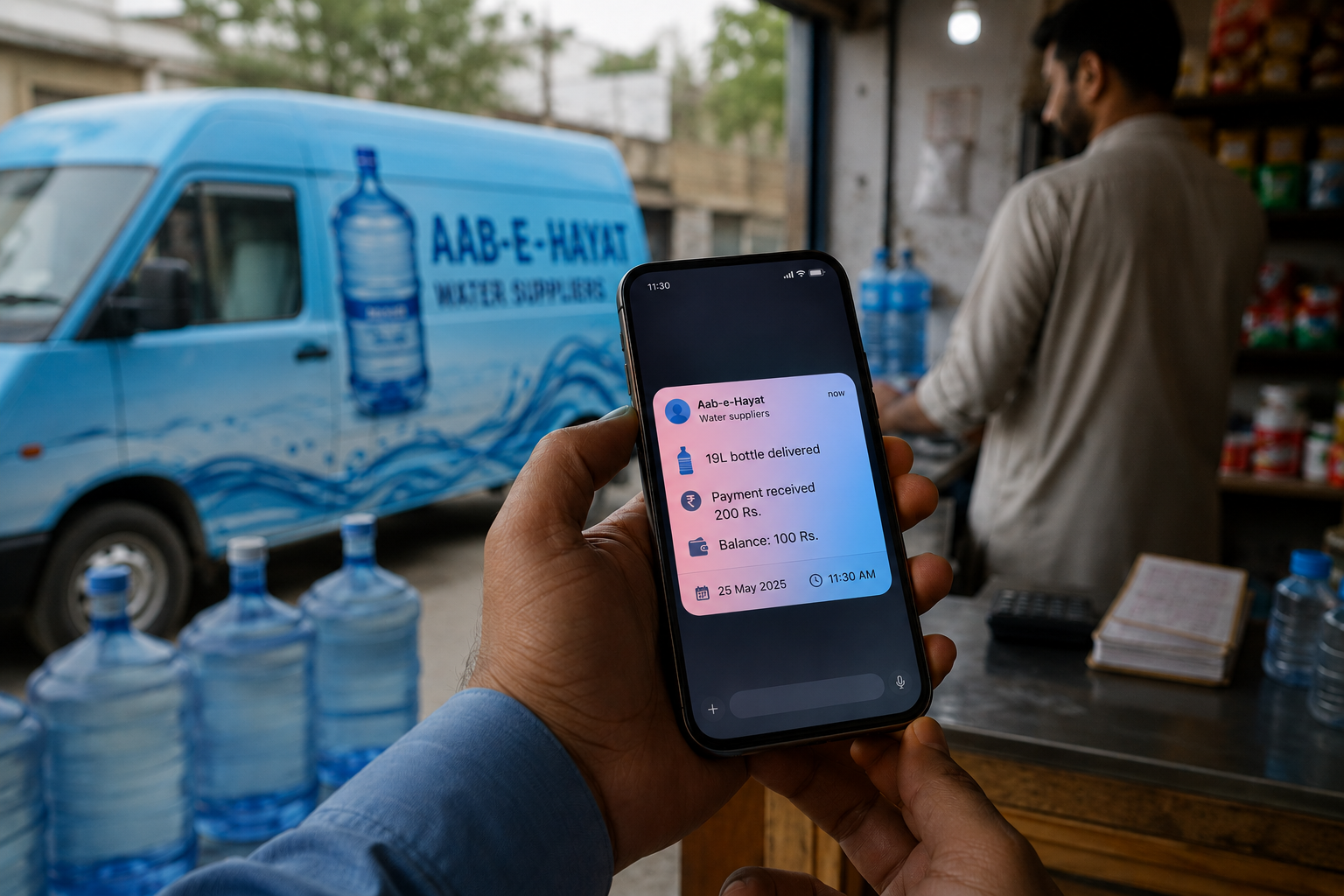 SMS notification confirming a water delivery to a customer