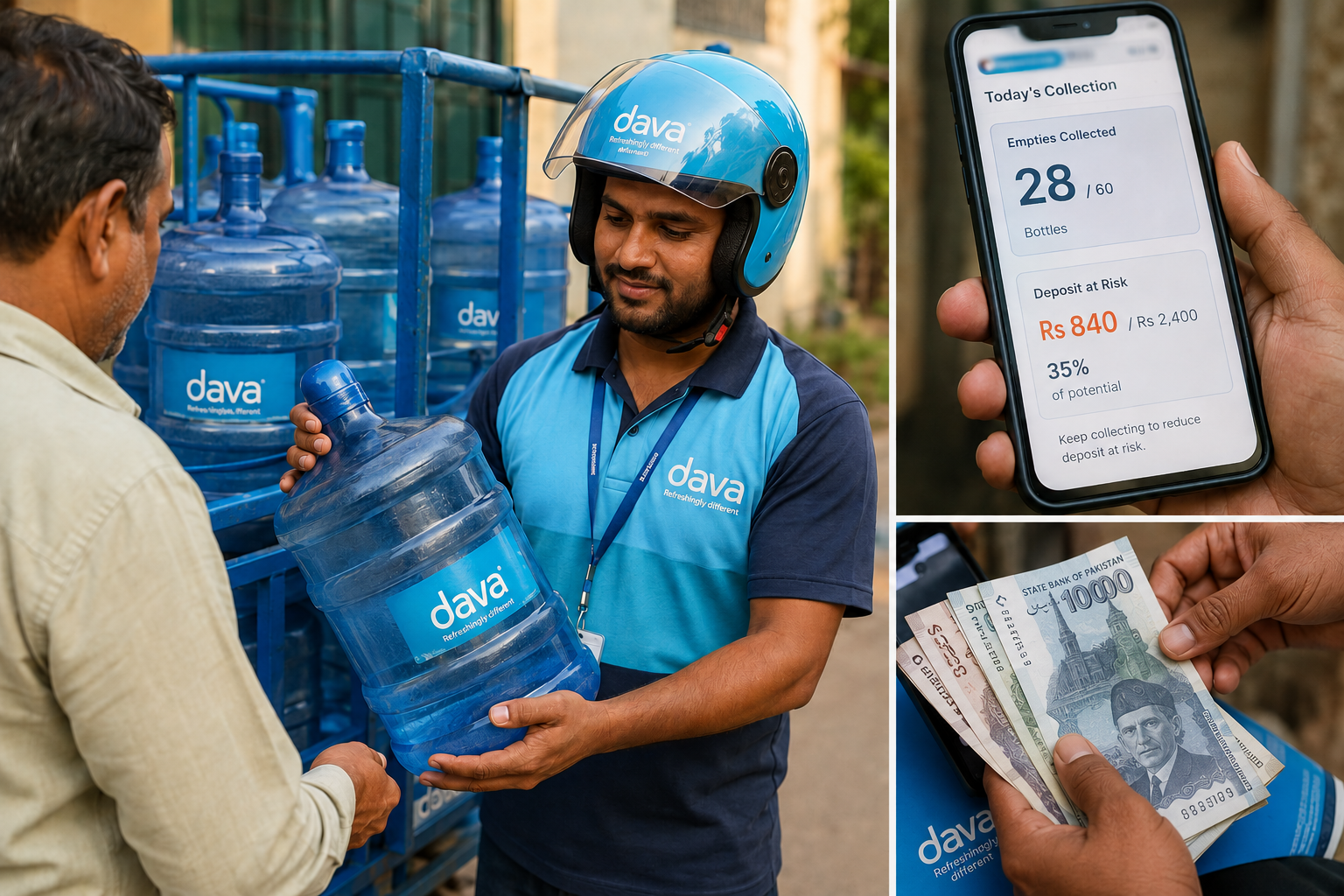 Stack of returned 19-litre water bottles and cash collection