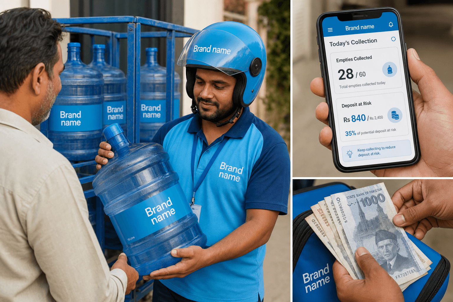 Stack of returned water bottles and cash collection
