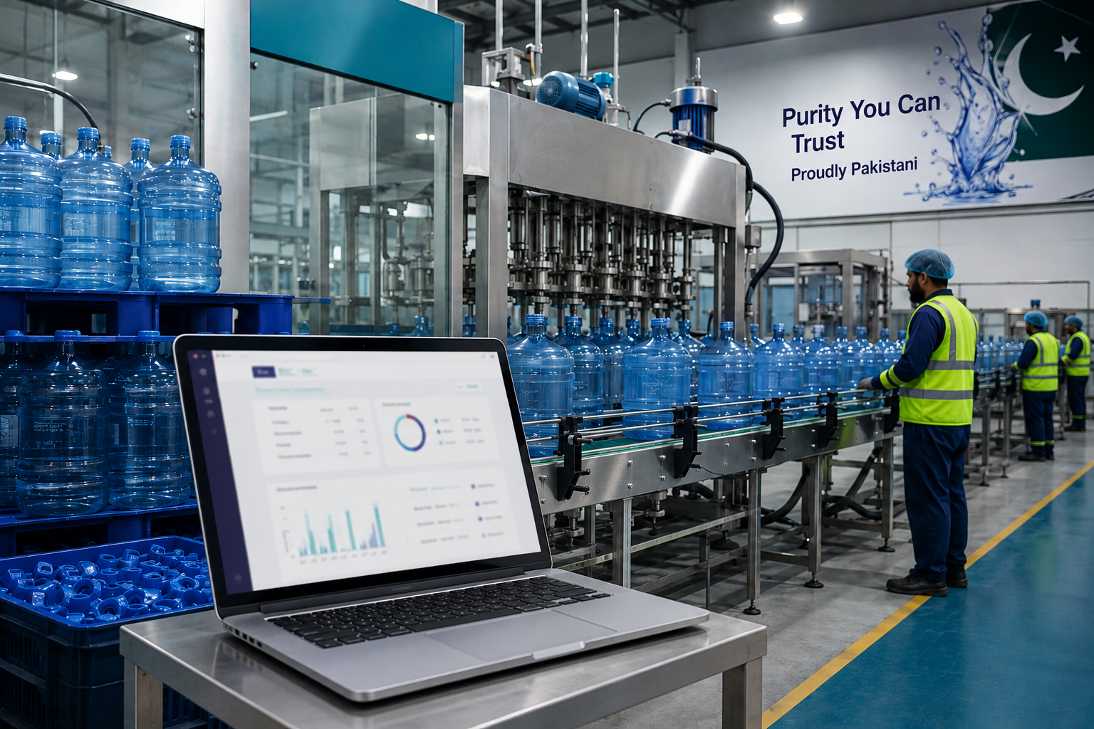 Production floor with water filling line and batch tracking