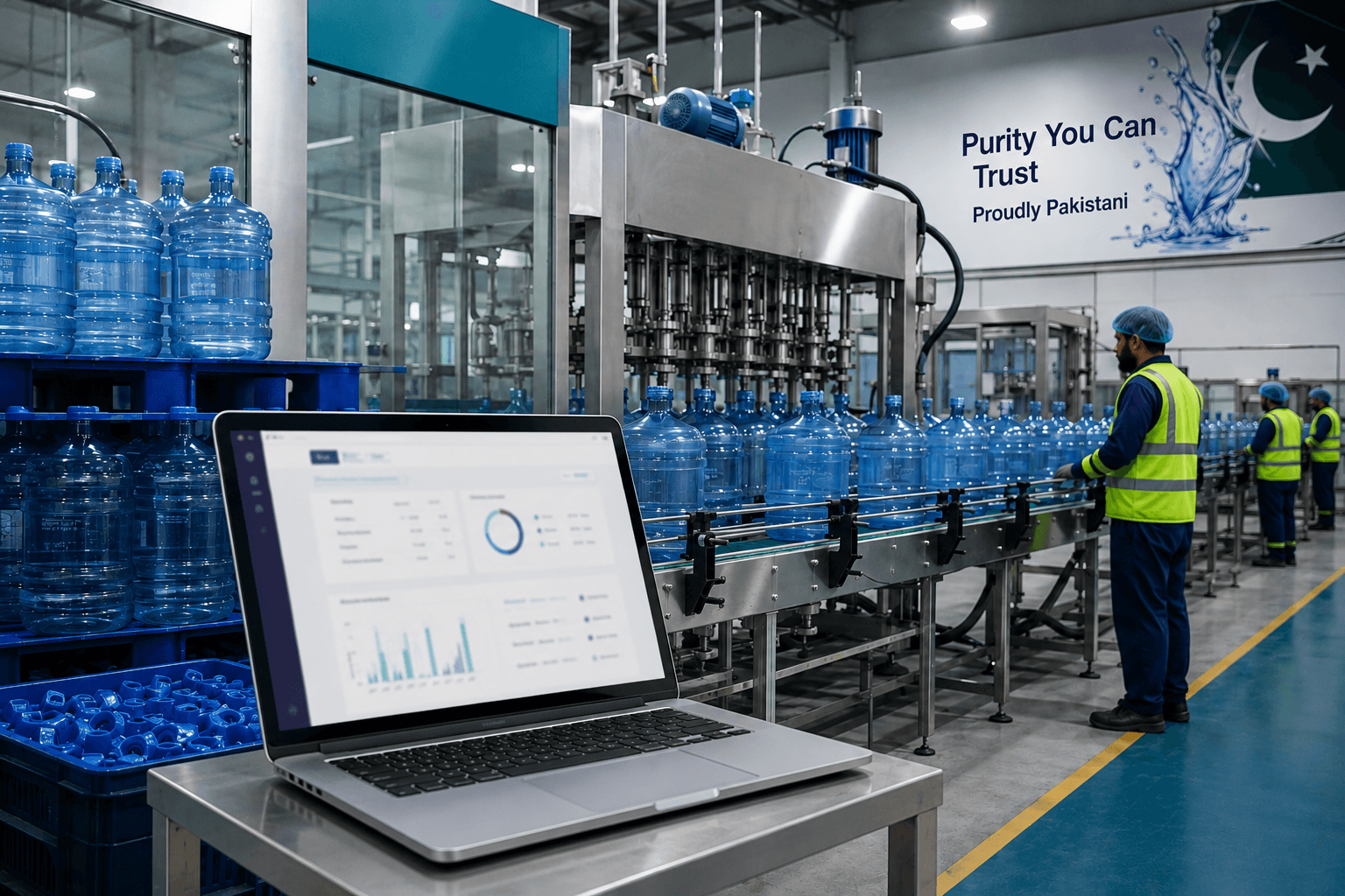 Production floor with water filling line and batch tracking