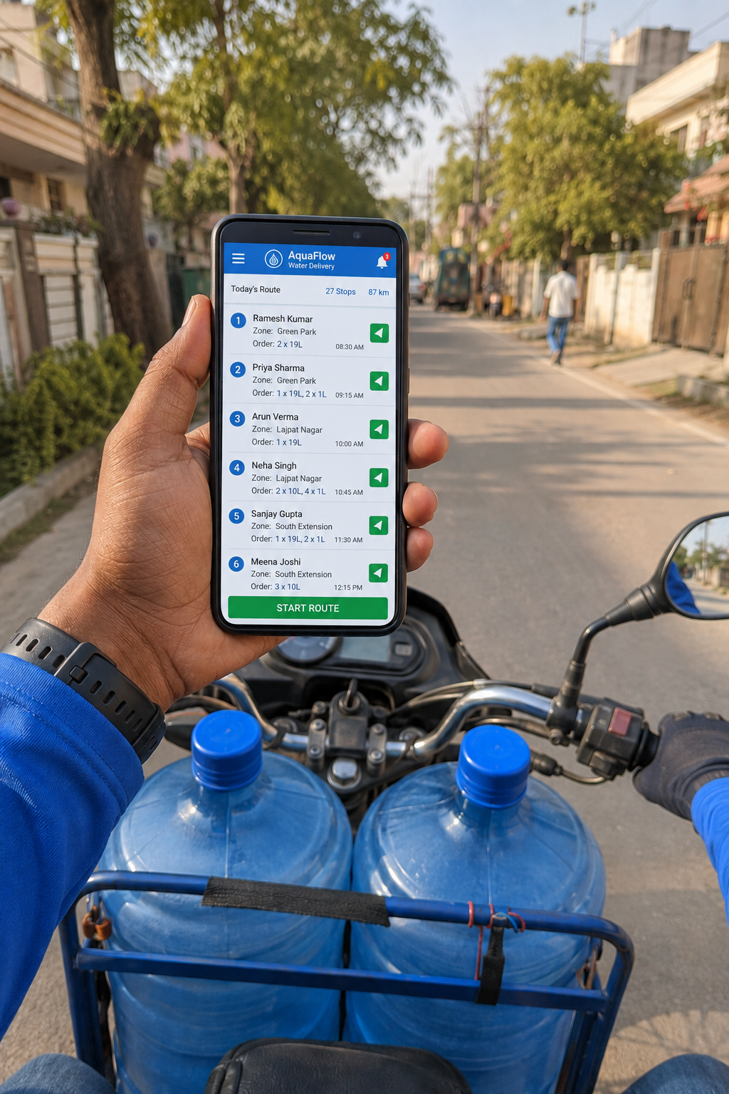 Delivery rider using a phone app at a customer's doorstep