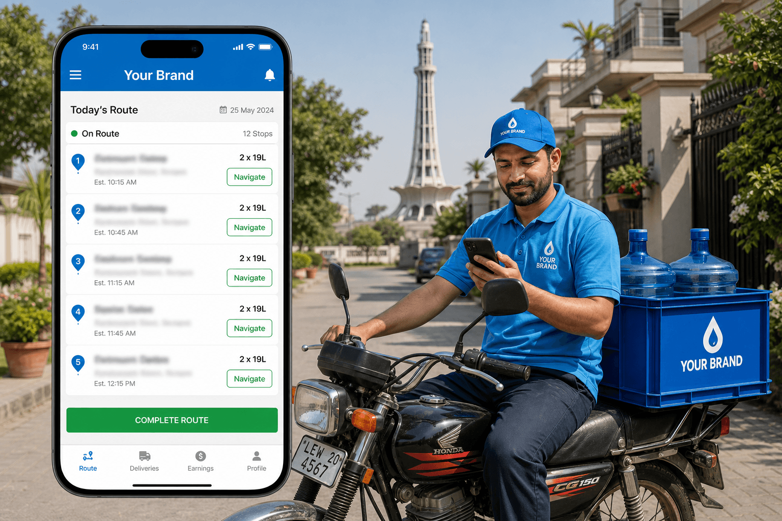 Delivery rider using a phone app at a customer's doorstep