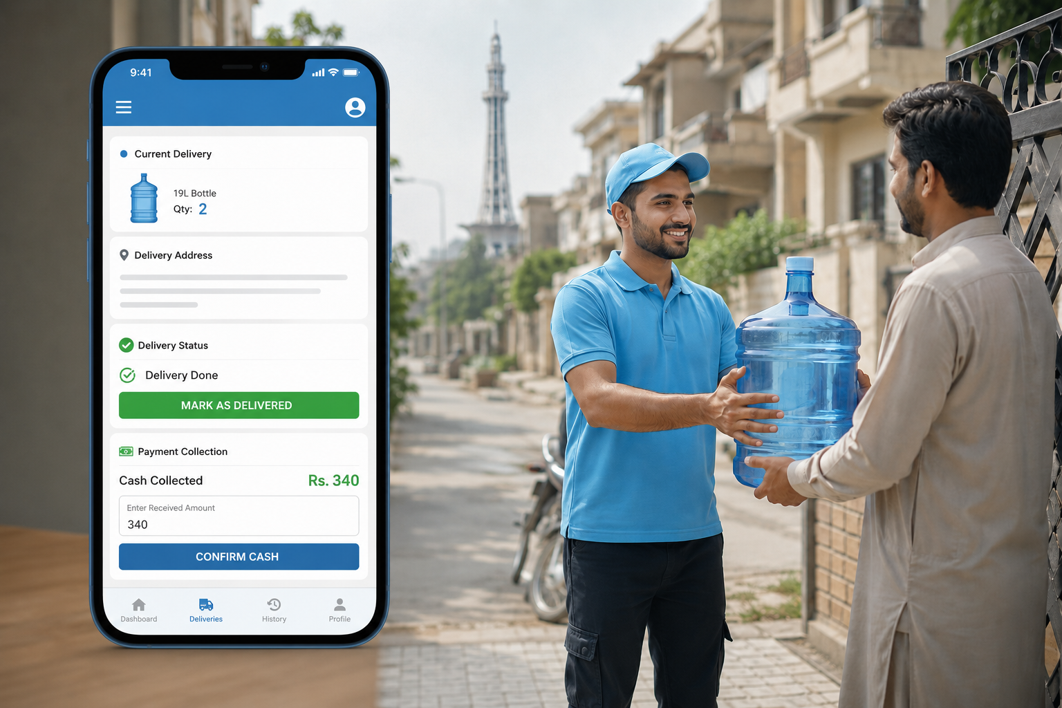 Admin recording a water bottle delivery and cash collection