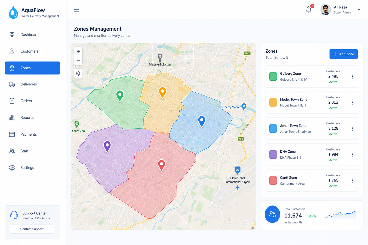 City map divided into delivery zones for water distribution