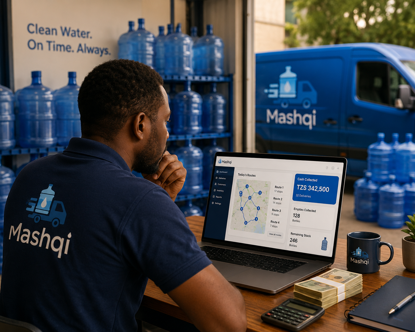 Water depot owner reviewing the day's delivery routes and cash on a dashboard