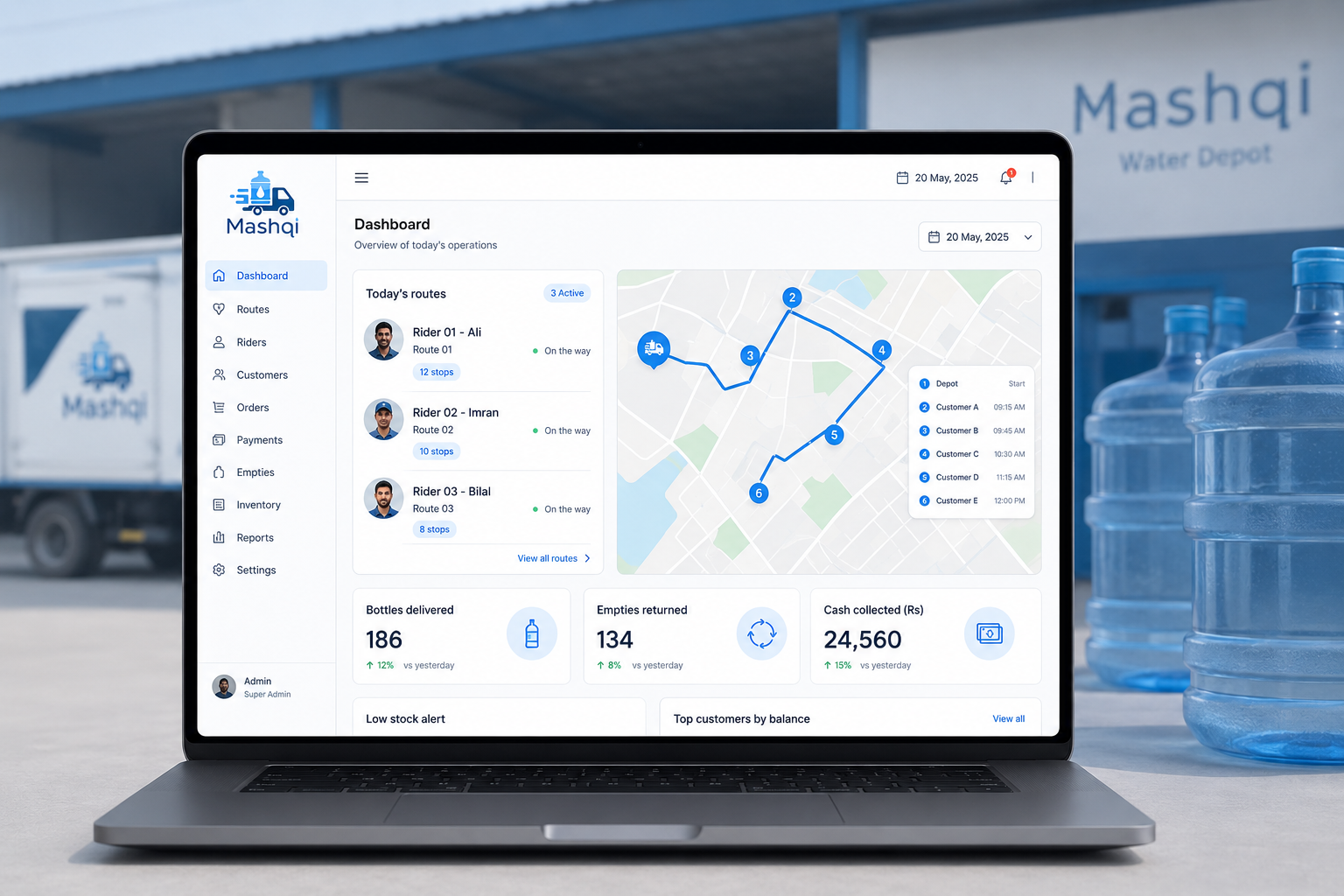Mashqi water delivery management dashboard showing routes, empties, and customer balances