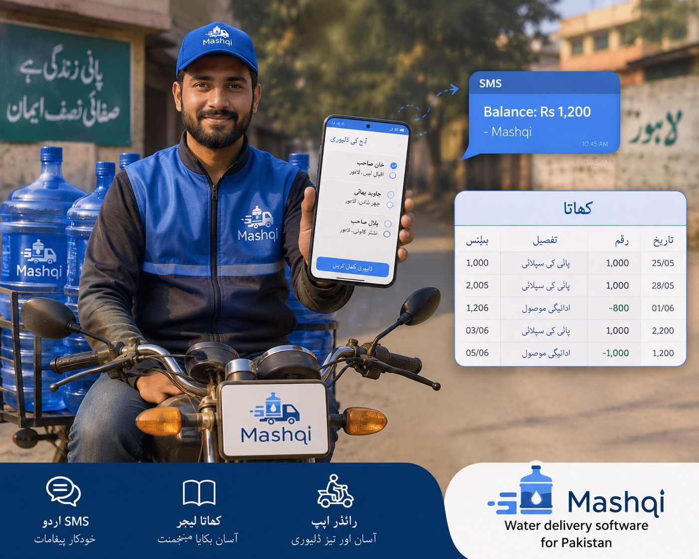 Water delivery software for Pakistan with Urdu SMS, khata ledger, and rider app